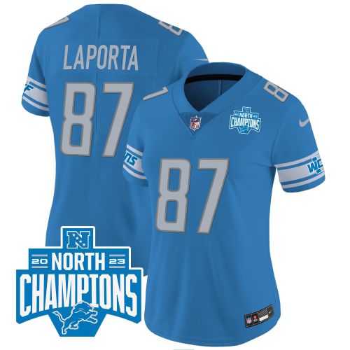 Sam LaPorta 87 Detroit Lions 2023 NFC North Division Champions Patch Women Game Jersey - Blue