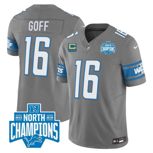 Jared Goff 16 Detroit Lions 2023 NFC North Division Champions Patch Game Men Jersey - Gray