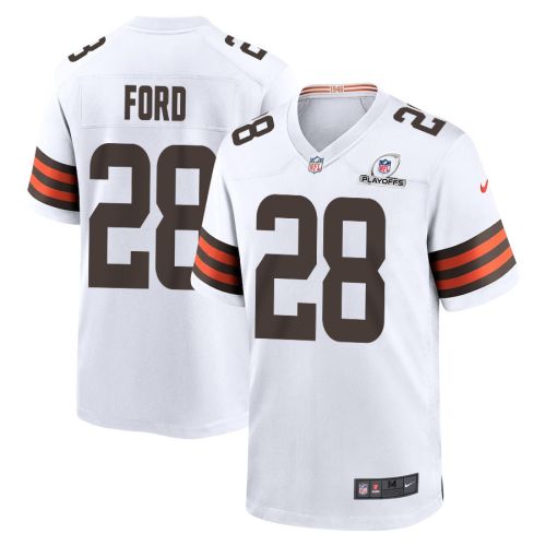 Mike Ford 28 Cleveland Browns 2023 Playoffs Patch Game Men Jersey - White