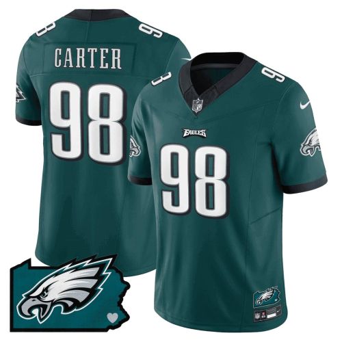 Jalen Carter 98 Philadelphia Eagles Pennsylvania State Map Patch Game Men Jersey - Midnight Green