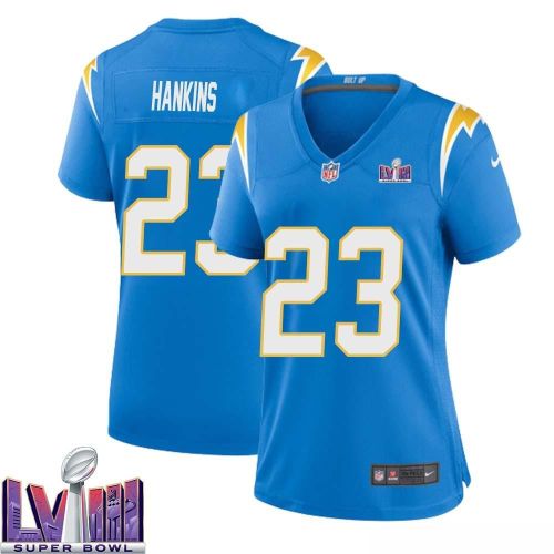 Matt Hankins 23 Los Angeles Chargers Super Bowl LVIII Women Home Game Jersey - Powder Blue