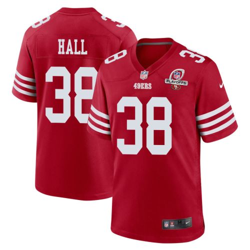 Kemon Hall 38 San Francisco 49ers 2023 Playoffs Patch Game Men Jersey - Scarlet