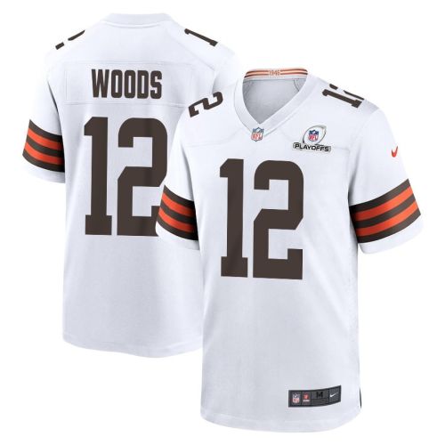 Mike Woods 12 Cleveland Browns 2023 Playoffs Patch Game Men Jersey - White