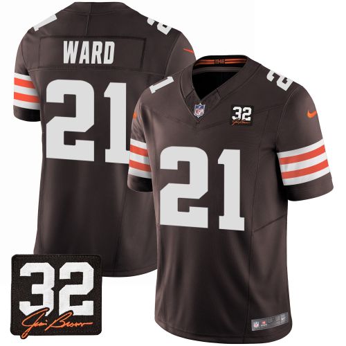 Denzel Ward 21 Cleveland Browns Jim Brown Memorial Patch Game Men Jersey - Brown