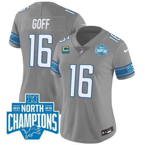 Jared Goff 16 Detroit Lions 2023 NFC North Division Champions Patch Women Game Jersey - Gray