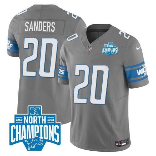 Barry Sanders 20 Detroit Lions 2023 NFC North Division Champions Patch Game Men Jersey - Gray