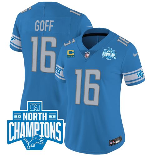 Jared Goff 16 Detroit Lions 2023 NFC North Division Champions Patch Women Game Jersey - Blue