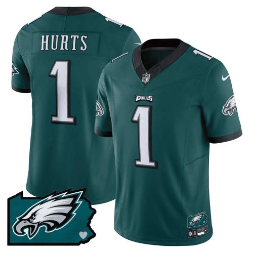 Jalen Hurts 1 Philadelphia Eagles Pennsylvania State Map Patch Game Men Jersey - Midnight Green