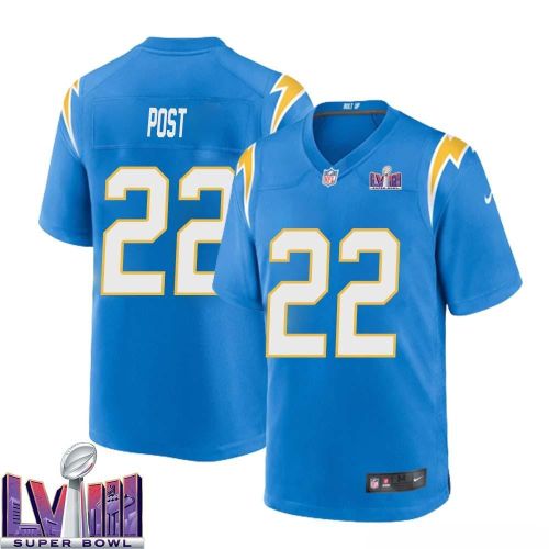 Dickie Post 22 Los Angeles Chargers Super Bowl LVIII Men Home Game Jersey - Powder Blue