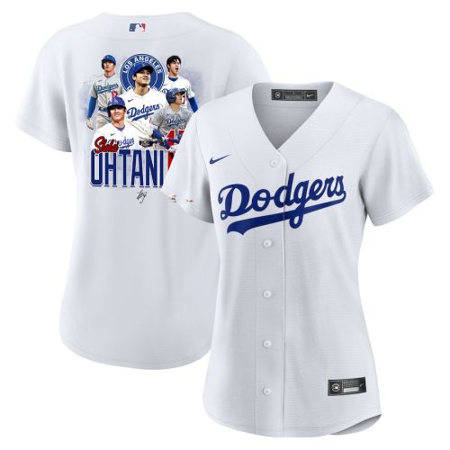 Shohei Ohtani 17 Los Angeles Dodgers Signed Collage Arts 2023 Home Women Jersey - White