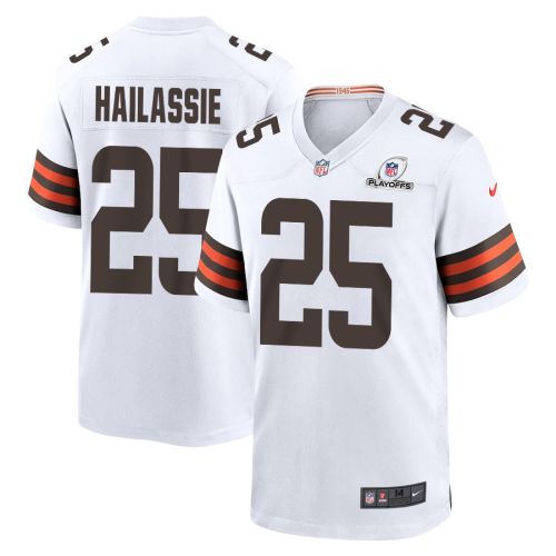 Kahlef Hailassie 25 Cleveland Browns 2023 Playoffs Patch Game Men Jersey - White