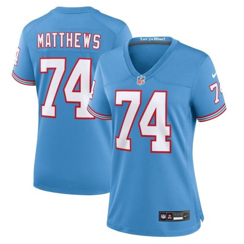 Bruce Matthews 74 Tennessee Titans Oilers Throwback Alternate Game Women Jersey - Light Blue