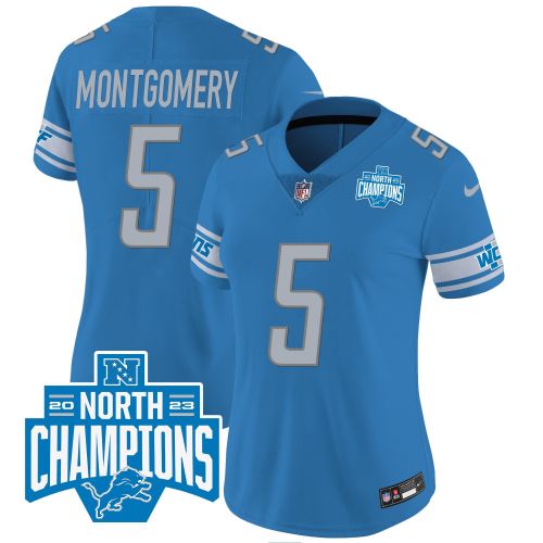 David Montgomery 5 Detroit Lions 2023 NFC North Division Champions Patch Women Game Jersey - Blue