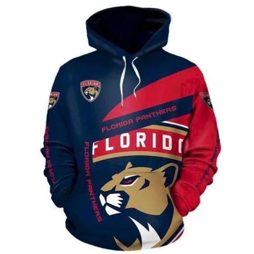 Lastest Florida Panthers Logo Team On Navy/Red Pattern Printed Pullover Hoodie