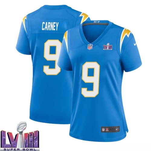 John Carney 9 Los Angeles Chargers Super Bowl LVIII Women Home Game Jersey - Powder Blue