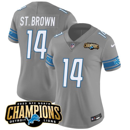 Amon-Ra St. Brown 14 Detroit Lions 2023 NFC North Champions Patch Women Game Jersey - Gray