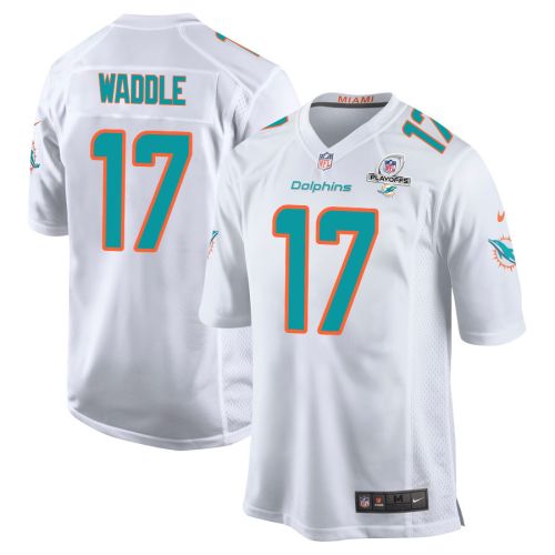 Jaylen Waddle 17 Miami Dolphins 2023 Playoffs Patch Game Men Jersey - White