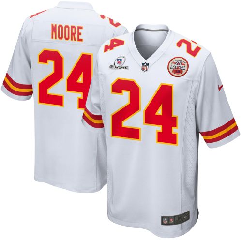 Skyy Moore 24 Kansas City Chiefs 2023 Playoffs Patch Game Men Jersey - White