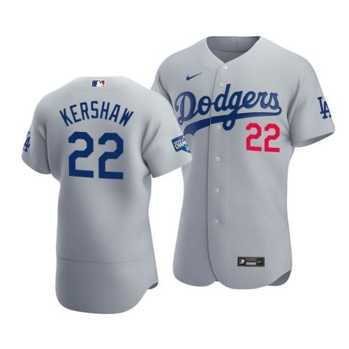 Men's Los Angeles Dodgers Clayton Kershaw 22 2020 World Series Champions Alternate Jersey Gray