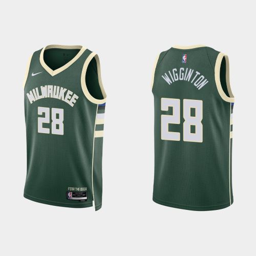 Milwaukee Bucks 28 Lindell Wigginton 2022-23 Icon Edition Hunter Green Men Jersey