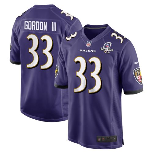 Melvin Gordon III 33 Baltimore Ravens 2023 Playoffs Patch Game Men Jersey - Purple