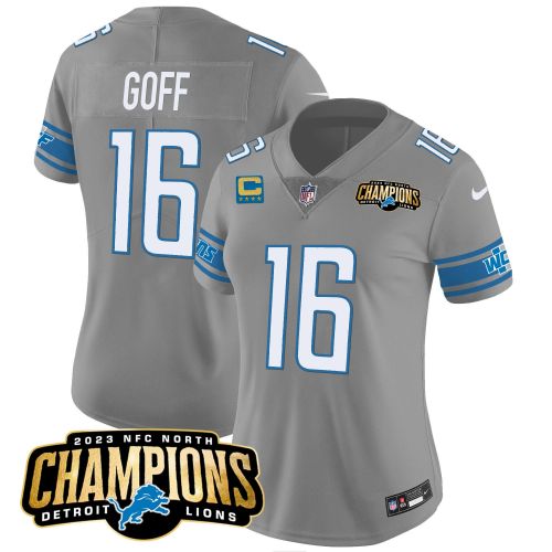 Jared Goff 16 Detroit Lions 2023 NFC North Champions Patch Women Game Jersey - Gray