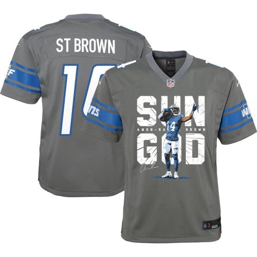 Amon-Ra St. Brown 14 Detroit Lions Signed Scratch Sun God Game YOUTH Jersey - Silver