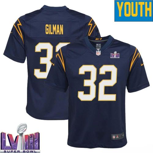 Alohi Gilman 32 Los Angeles Chargers Super Bowl LVIII YOUTH Alternate Game Jersey - Navy