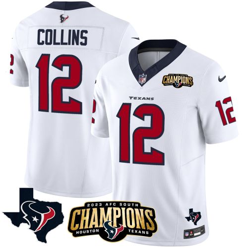 Nico Collins 12 Houston Texans 2023 AFC South Champions Patch Game Men Jersey - White