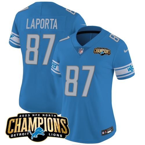 Sam LaPorta 87 Detroit Lions 2023 NFC North Champions Patch Women Game Jersey - Blue