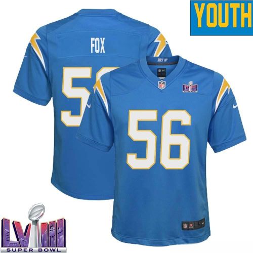 Morgan Fox 56 Los Angeles Chargers Super Bowl LVIII YOUTH Home Game Jersey - Powder Blue