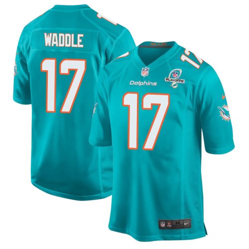 Jaylen Waddle 17 Miami Dolphins 2023 Playoffs Patch Game Men Jersey - Aqua