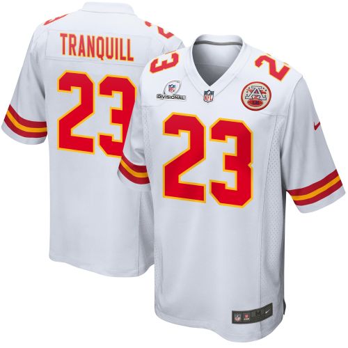 Drue Tranquill 23 Kansas City Chiefs 2024 Divisional Patch Game Men Jersey - White