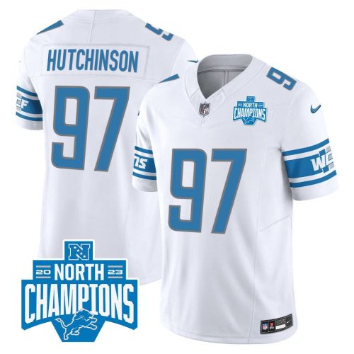 Aidan Hutchinson 97 Detroit Lions 2023 NFC North Division Champions Patch Game Men Jersey - White