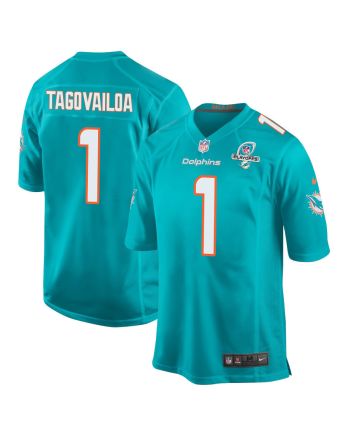 Tua Tagovailoa 1 Miami Dolphins 2023 Playoffs Patch Game Men Jersey - Aqua