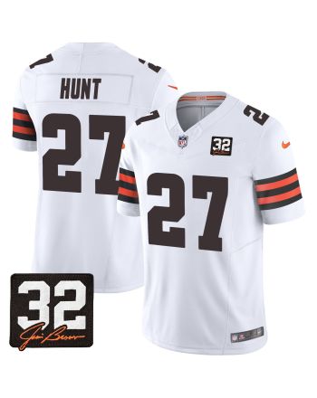 Kareem Hunt 27 Cleveland Browns Jim Brown Memorial Patch Game Men Jersey - White