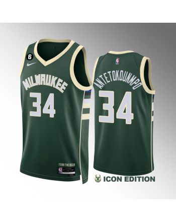 Giannis Antetokounmpo 34 Milwaukee Bucks Green Jersey 2022-23 Icon Edition NO.6 Patch