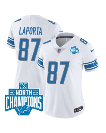 Sam LaPorta 87 Detroit Lions 2023 NFC North Division Champions Patch Women Game Jersey - White