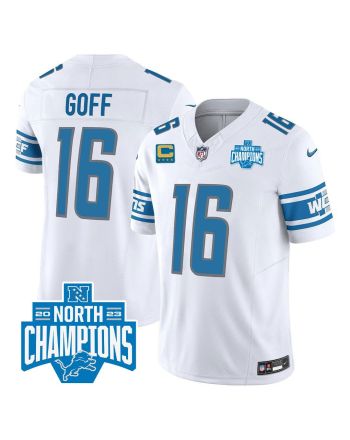 Jared Goff 16 Detroit Lions 2023 NFC North Division Champions Patch Game Men Jersey - White