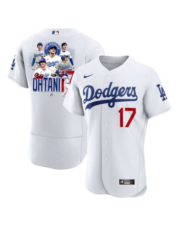 Shohei Ohtani 17 Los Angeles Dodgers Signed Collage Arts 2023 Home ELITE Men Jersey - White