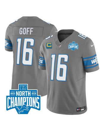 Jared Goff 16 Detroit Lions 2023 NFC North Division Champions Patch Game Men Jersey - Gray