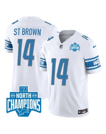 Amon-Ra St. Brown 14 Detroit Lions 2023 NFC North Division Champions Patch Game Men Jersey - White