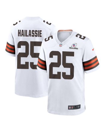 Kahlef Hailassie 25 Cleveland Browns 2023 Playoffs Patch Game Men Jersey - White