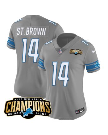 Amon-Ra St. Brown 14 Detroit Lions 2023 NFC North Champions Patch Women Game Jersey - Gray