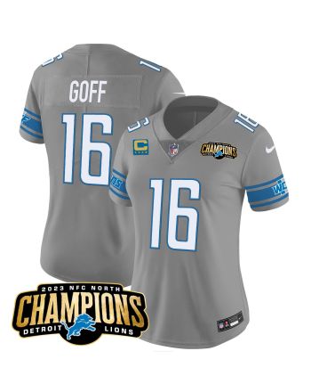 Jared Goff 16 Detroit Lions 2023 NFC North Champions Patch Women Game Jersey - Gray